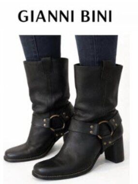 Gianni Bini Black Moto Harness Heel Boots Size 7 Leather Mid Calf Western